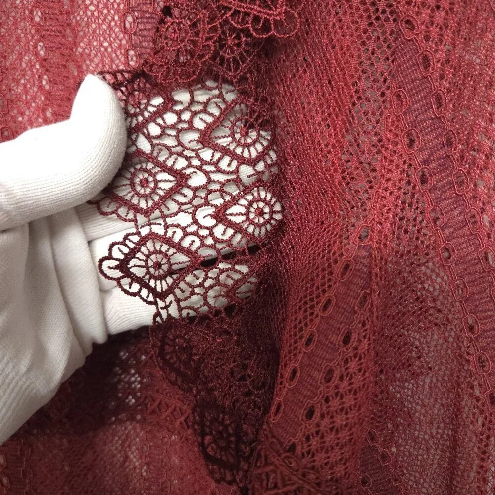 Zara Sheer Lace Blouse S Smocked Ruffle Burgundy Red Boho Romantic Whimsigoth - Picture 8 of 15